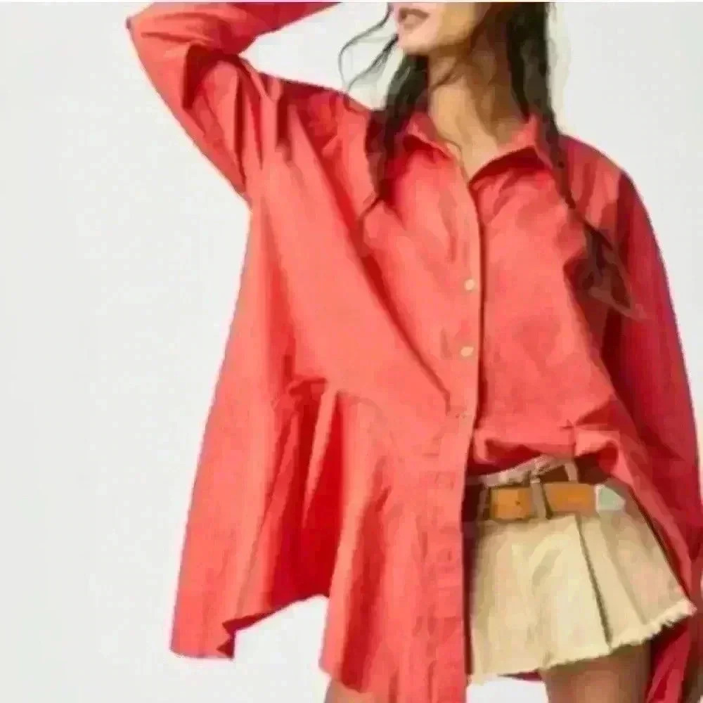 Free People We The Free Freya poplin tunic size L in coral bright relaxed fit .